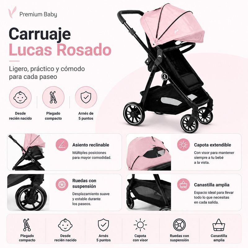 Carruaje de Paseo Luca Plegable Rosado con Arnés de 5 Puntos, Capota con Visor y Canasta