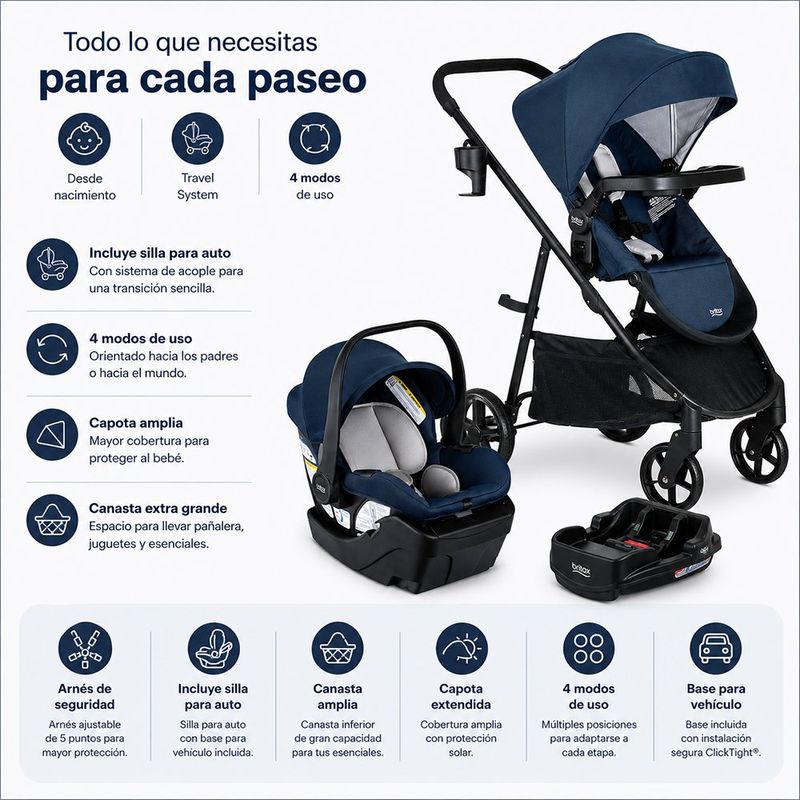 Travel System Willow Brook Navy 4 Modos con Portabebé, Base y Capota UPF 50+