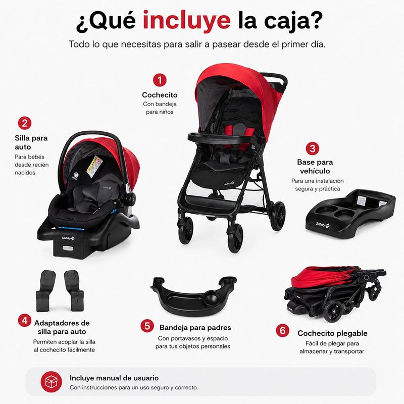 Travel System Smooth Ride Negro y Rojo Cherry con Portabebé, Base y Canasta Extra Grande