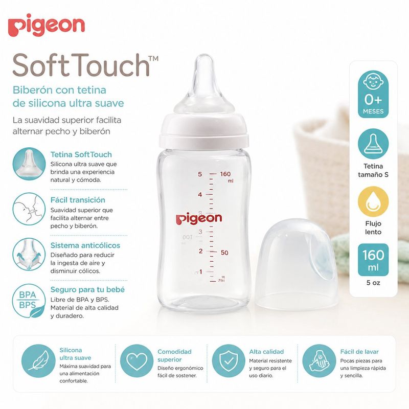 Pacha SoftTouch Boca Ancha de 5 oz con Tetina de Silicona de Flujo Lento