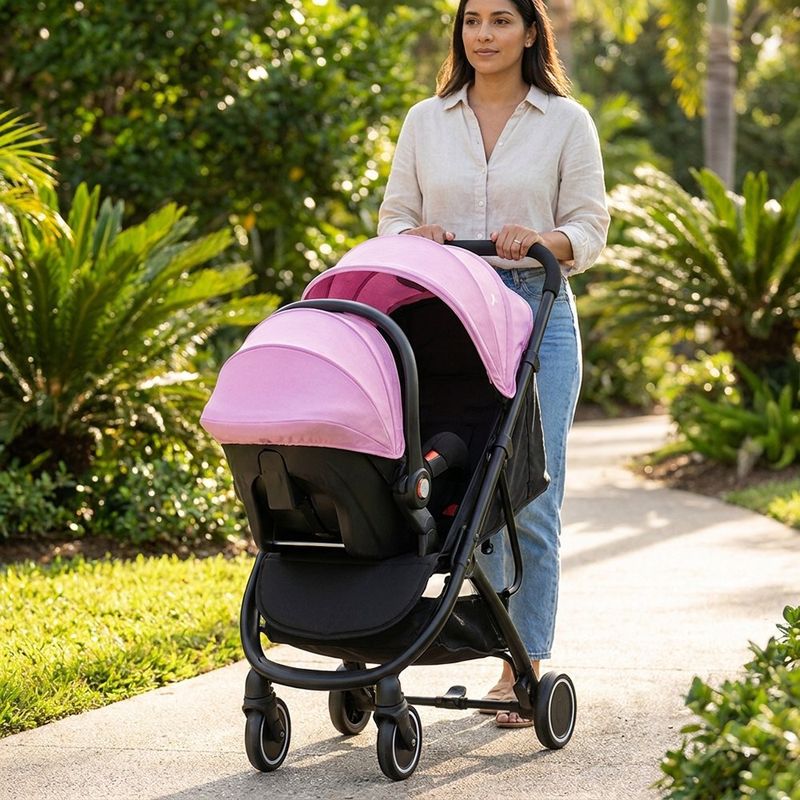Travel System Lucca Rosado y Negro con Portabebé, Capota Amplia y Canasta