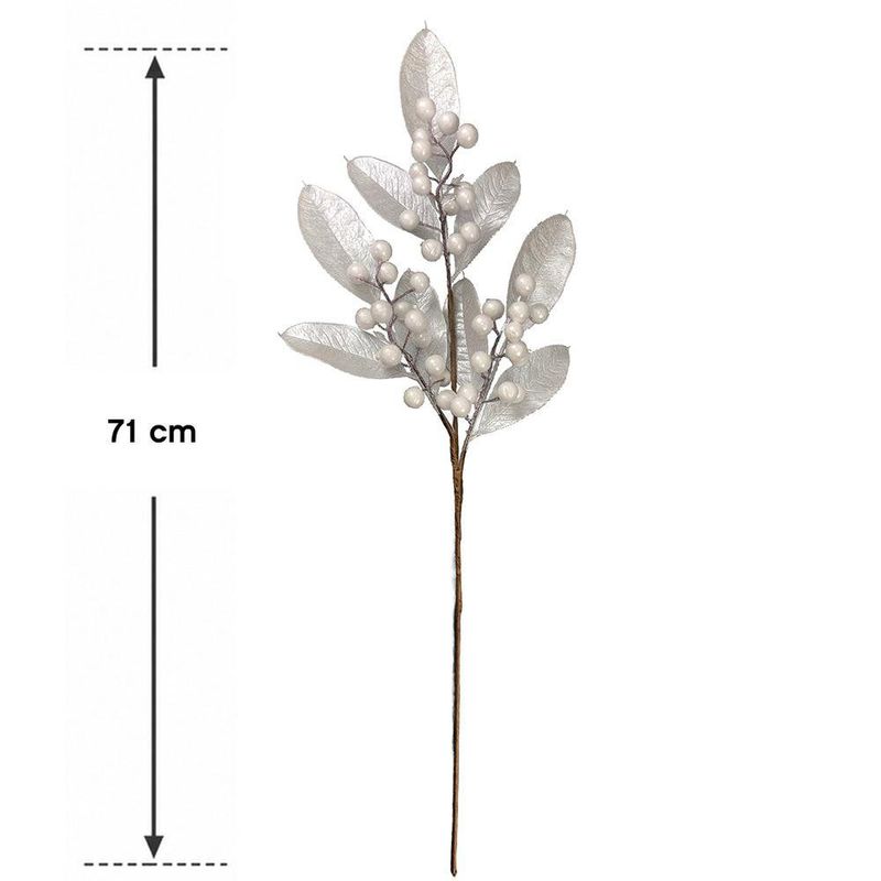 Rama Navideña Decorativa con Bayas y Hojas Blanco Perleado 71 cm