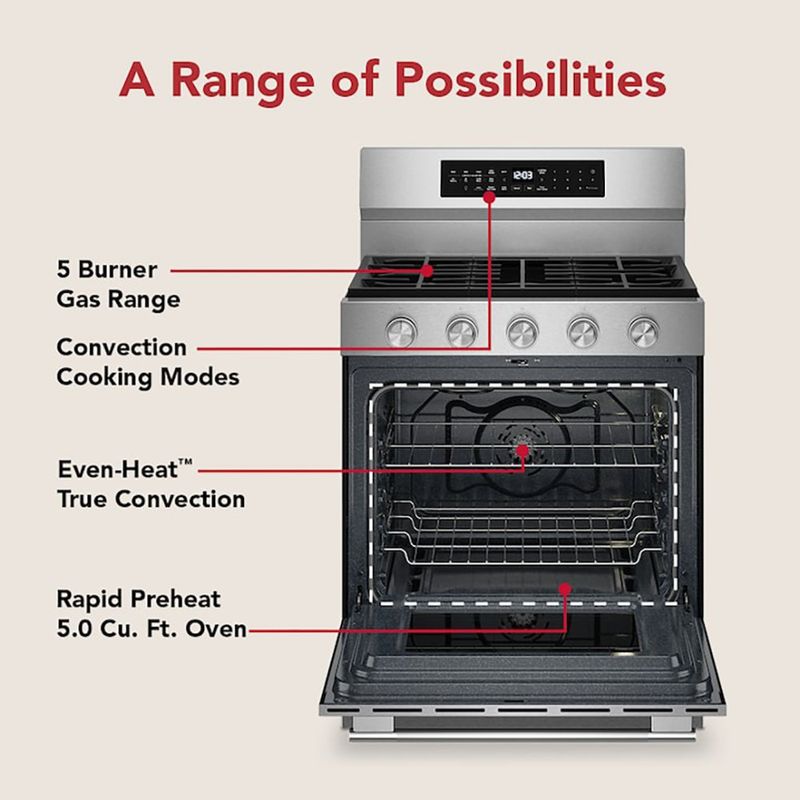 Estufa a Gas KitchenAid 30 Plg de 5 Hornillas con Horno de Convección Acero Inoxidable