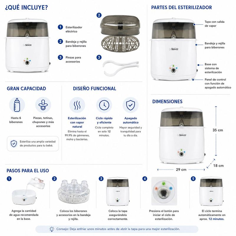 Esterilizador Eléctrico Deluxe para 6 Pachas con Bandeja Removible