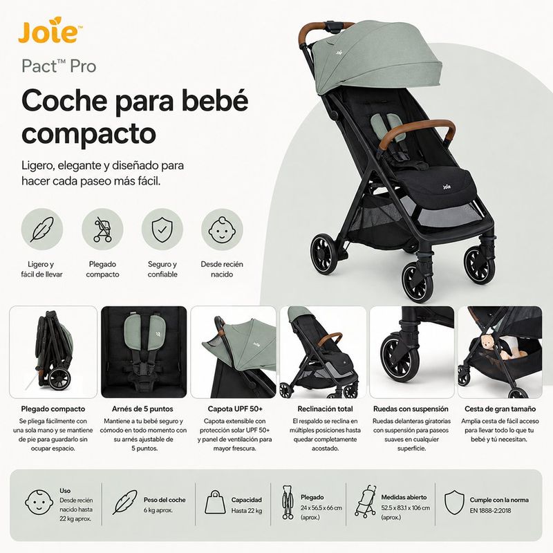 Carruaje de Paseo Pact Pro Compacto Reclinable con Bolsa de Transporte Color Gris Abyss
