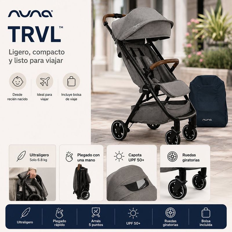 Carruaje de Paseo TRVL Compacto con Plegado Automático y Bolsa de Viaje Color Gris Granito