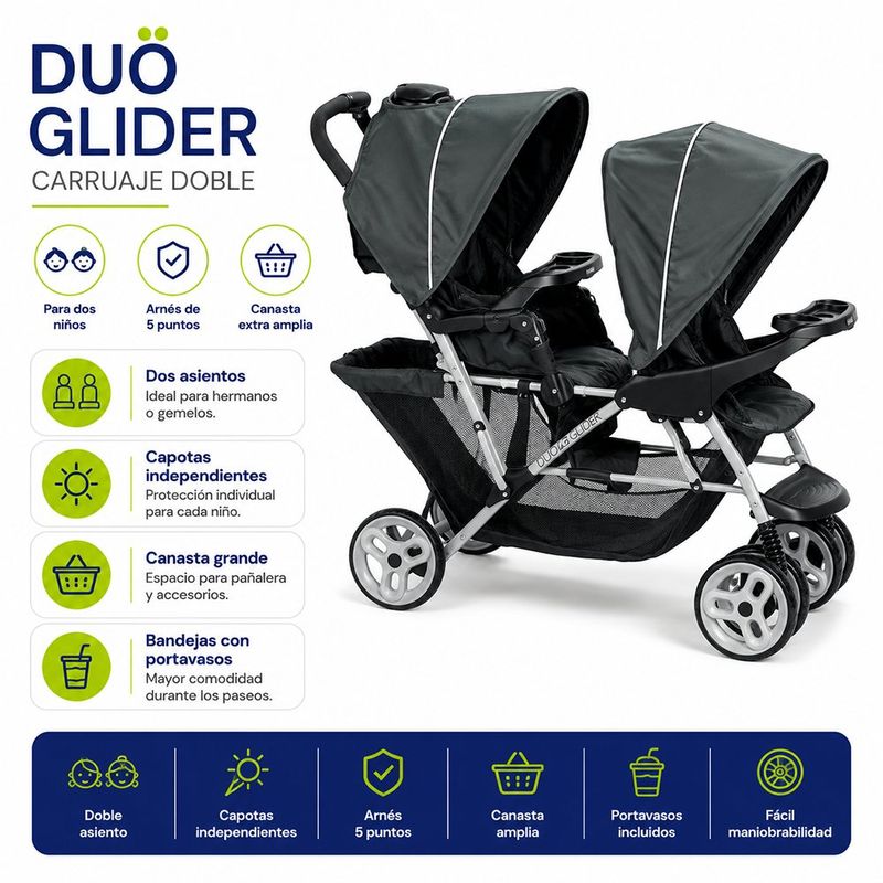 Carruaje Doble de Paseo DuoGlider Click Connect con Asientos Reclinables Color Gris