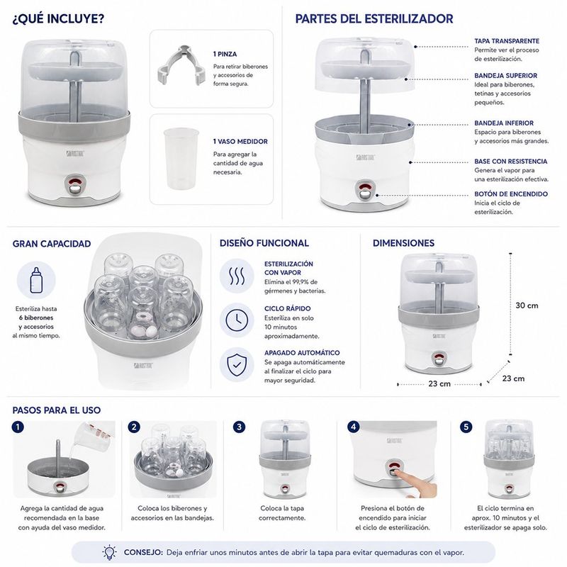 Esterilizador Eléctrico para 6 Pachas con Vapor y Apagado Automático Blanco