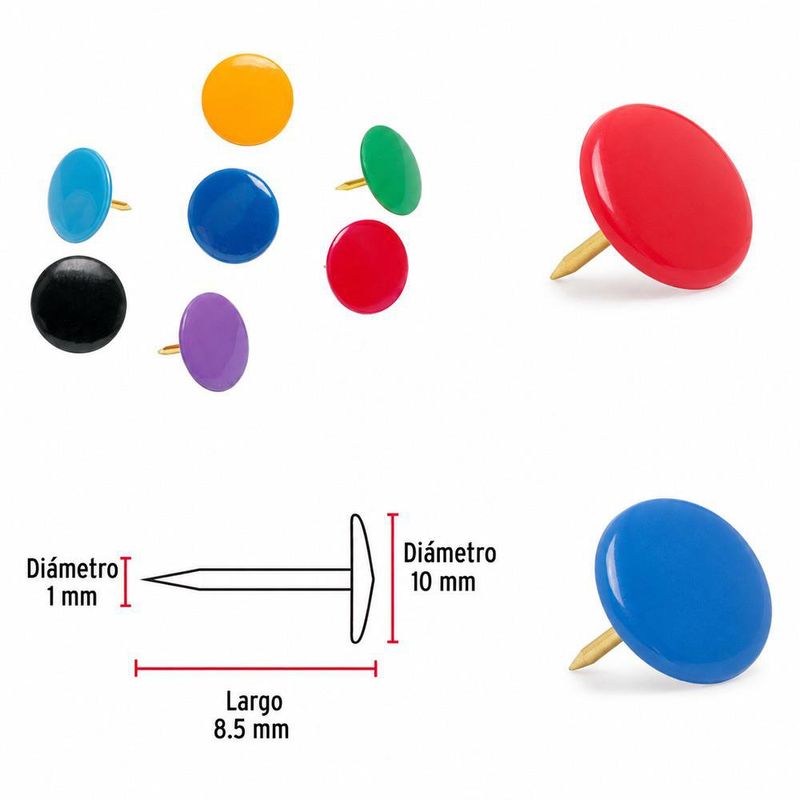 Chinches de Acero Latonado con Cabeza de PVC para Tablero y Corcho 100 Pzas Colores Surtidos