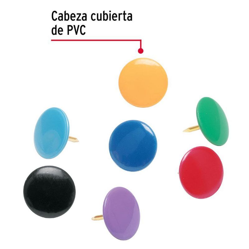Chinches de Acero Latonado con Cabeza de PVC para Tablero y Corcho 100 Pzas Colores Surtidos
