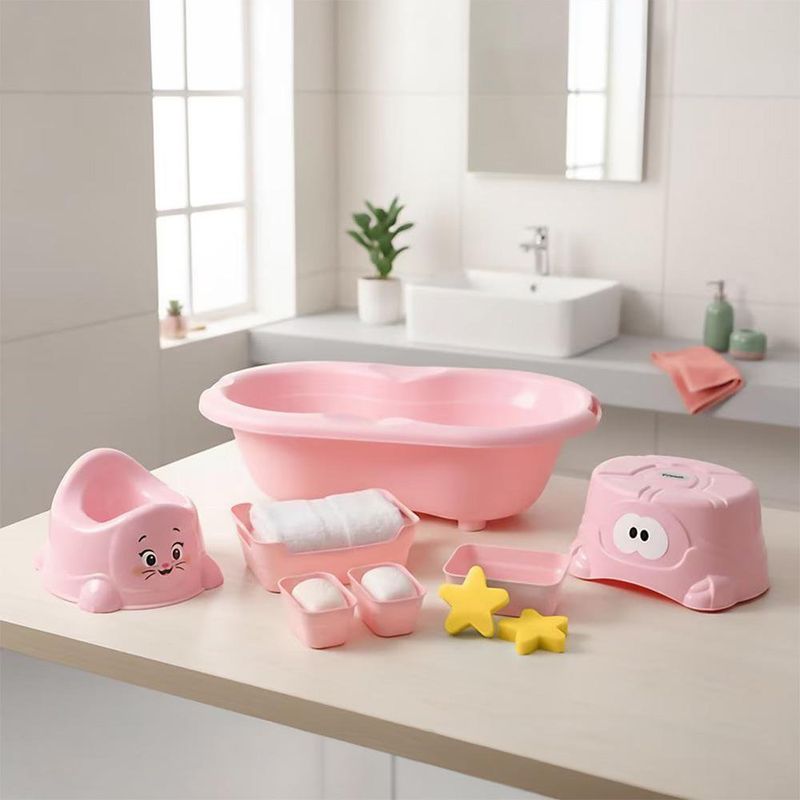Set de Baño para Bebé Niña de Plástico Rosa con Tina y Bacinica, 9 Piezas