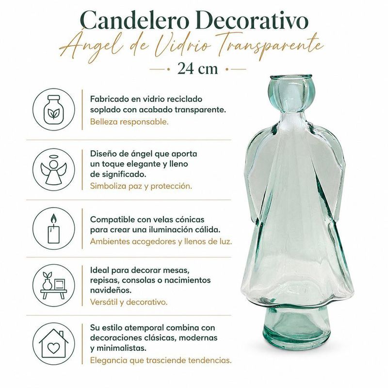 Candelero Decorativo Ángel de Vidrio Transparente 24 cm