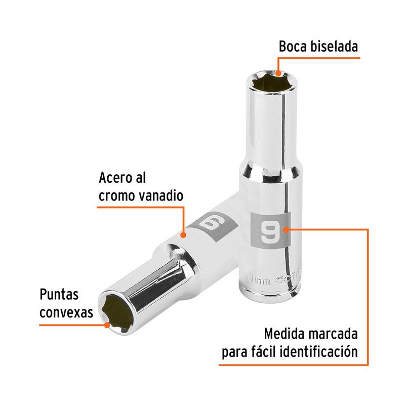 Dado Largo Hexagonal de 9 mm 6 Puntas y Cuadro de 3/8 plg