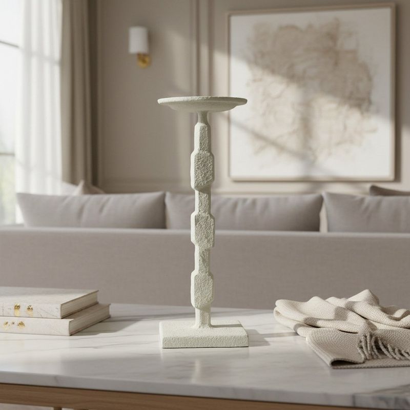 Porta Velas Decorativo con Base Geométrica para Mesa y Hogar 25.5 cm Color Blanco