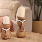 Porta Vela Decorativo de Madera Diseño Alto para Mesa y Hogar Color Natural
