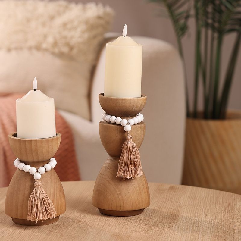 Porta Vela Decorativo de Madera Diseño Alto para Mesa y Hogar Color Natural