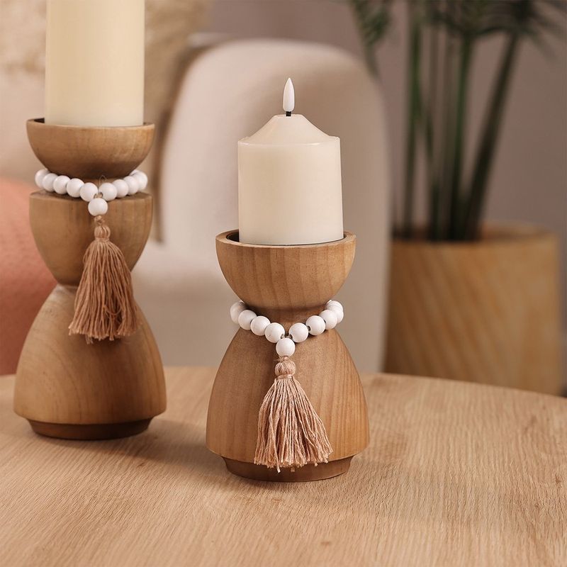 Porta Vela Decorativo de Madera Diseño Bajo para Mesa y Hogar Color Natural