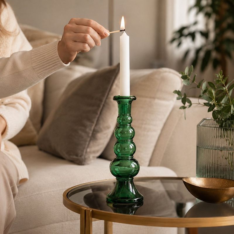 Candelero para Vela Diseño Decorativo con Relieves Circulares para Mesa y Hogar Color Verde