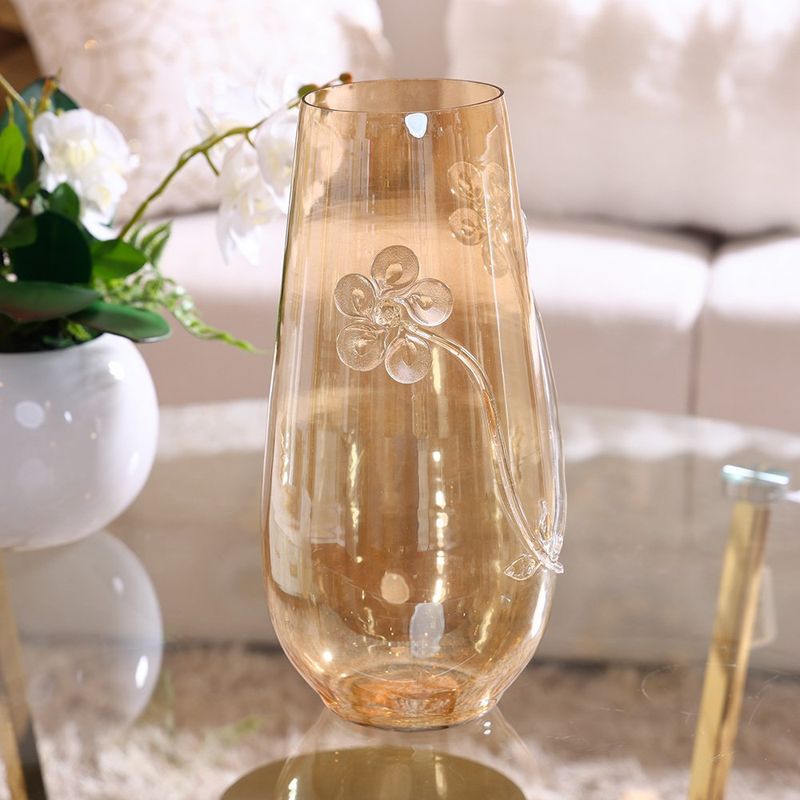 Florero Decorativo Cilíndrico con Relieve Floral 35 cm Color Dorado