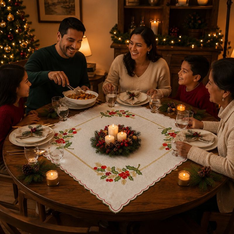 Mantel Cuadrado Navideño Bordado con Muérdago 85 x 85 cm