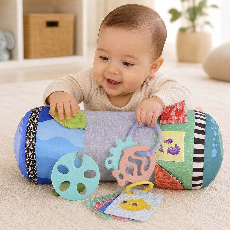 Almohada Rodillo para Tummy Time con Accesorios Sensoriales Color Azul