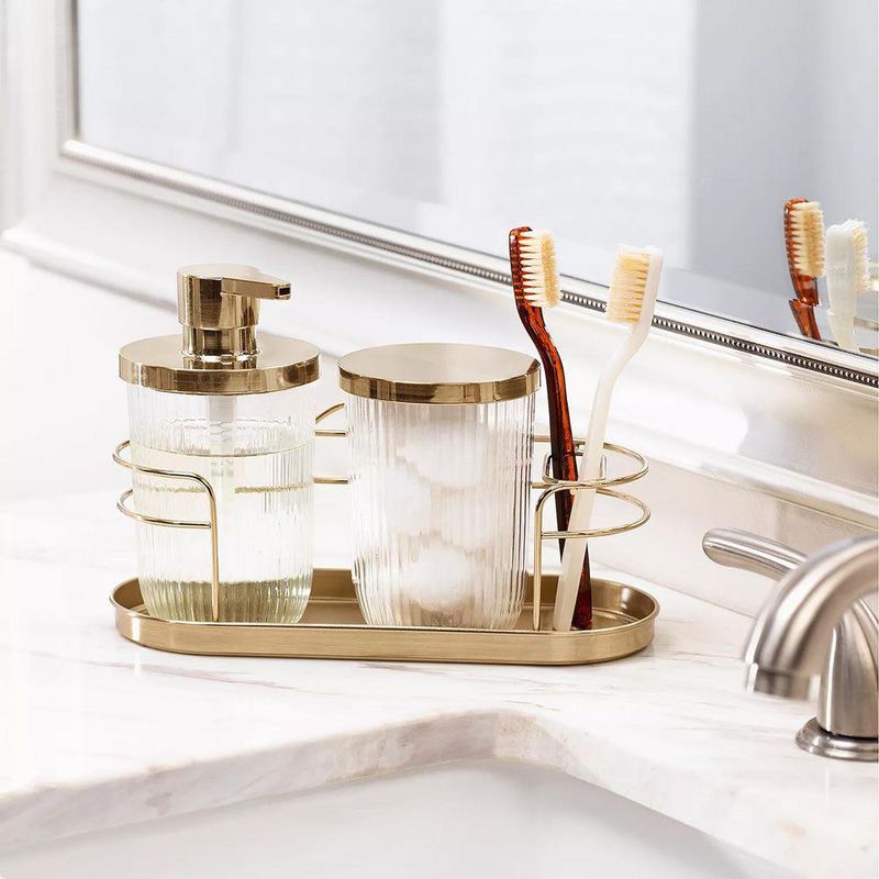 Set de Dispensador, Contenedor y Organizador para Baño Caddy Color Dorado 3 Piezas