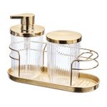Set de Dispensador, Contenedor y Organizador para Baño Caddy Color Dorado 3 Piezas