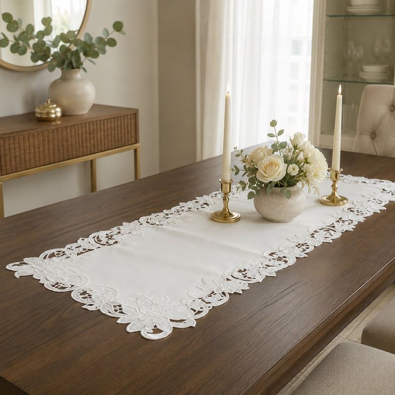 Camino de Mesa Bordado Decorativo 40 x 135 cm Color Blanco
