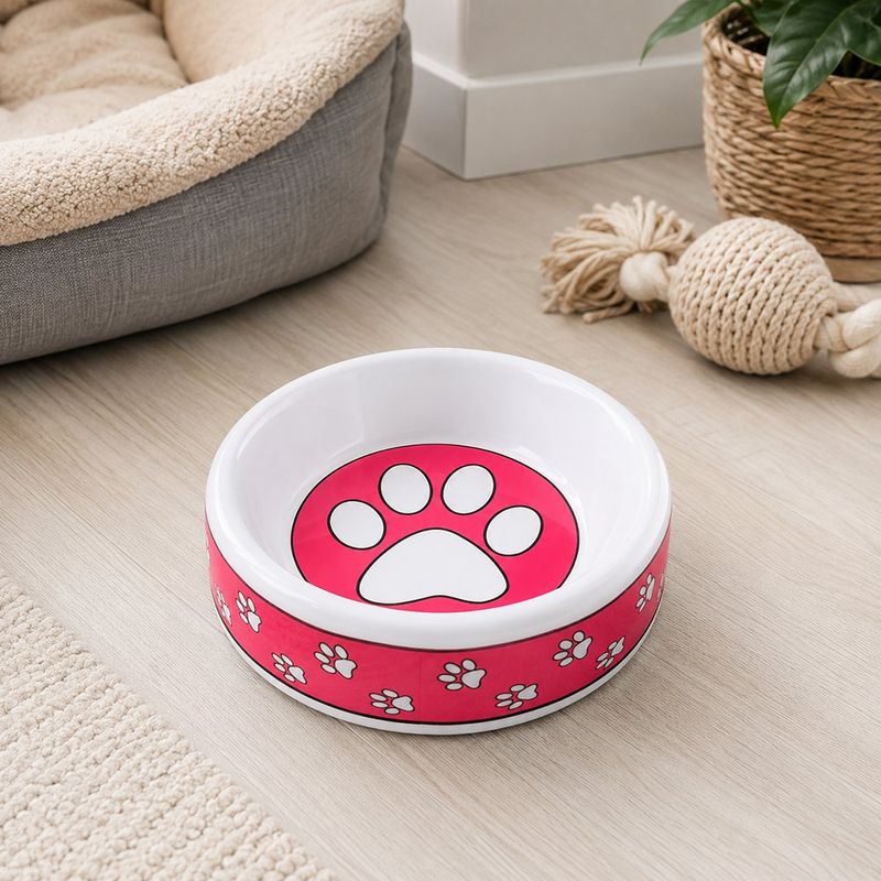 Plato Reforzado de Melamina Pequeño para Perro Diseño Huellas Rosado