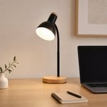 Lámpara de Mesa Negra con Base Efecto Madera para Bombillo E14 de hasta 40W