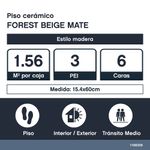 Piso Cerámico Forest Acabado Mate Color Beige de 15.4 x 60 cm en Caja de 1.56 m²