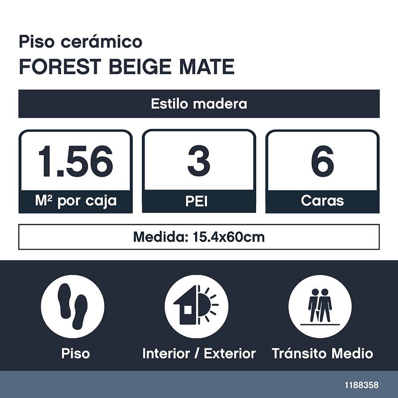 Piso Cerámico Forest Acabado Mate Color Beige de 15.4 x 60 cm en Caja de 1.56 m²