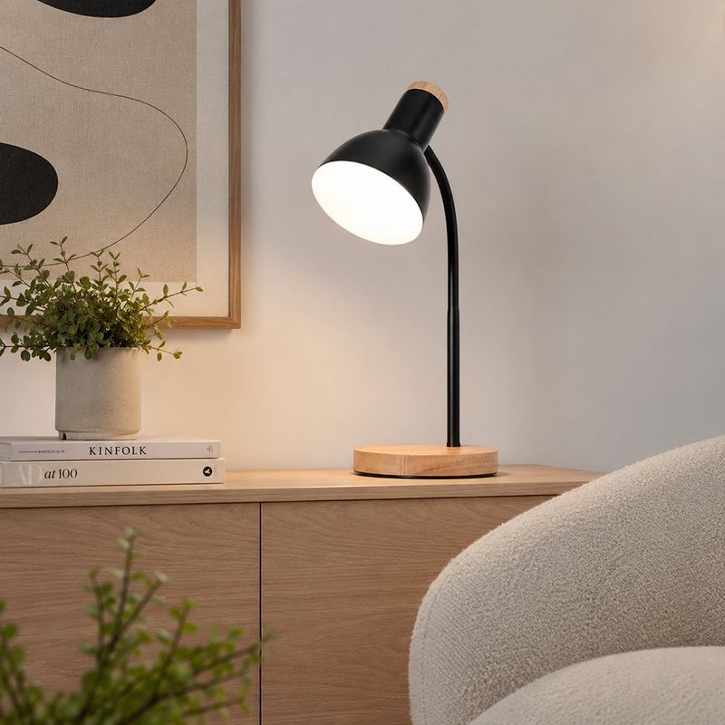 Lámpara de Mesa Negra con Base Efecto Madera para Bombillo E14 de hasta 40W