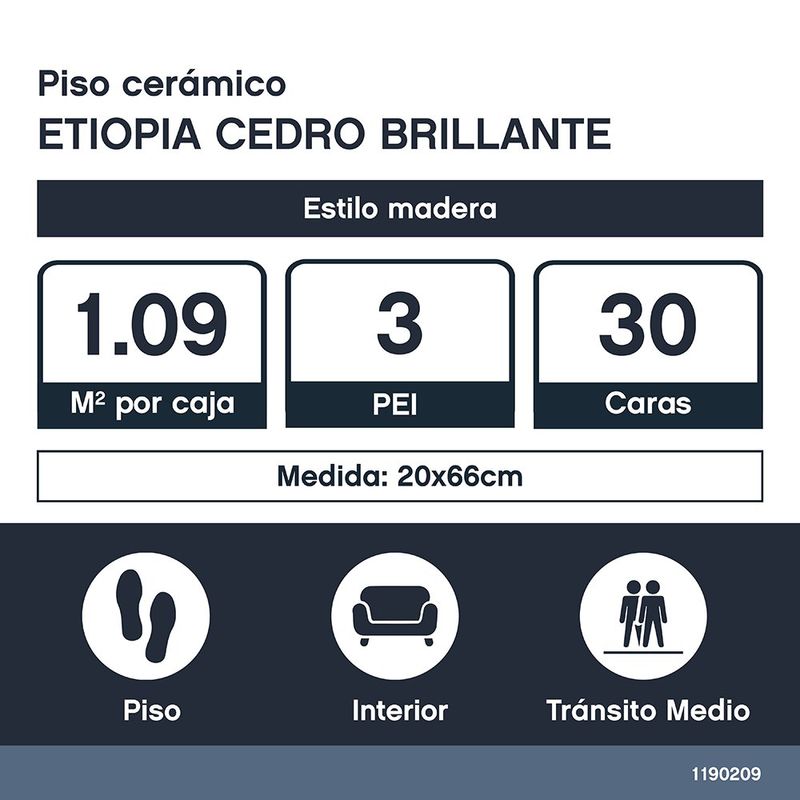 Piso Cerámico Etiopia Cedro Brillante de 20 x 66 cm en Caja de 1.09 m²