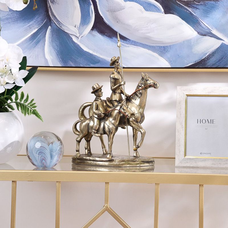 Figura Decorativa Don Quijote y Sancho Panza a Caballo Color Dorado