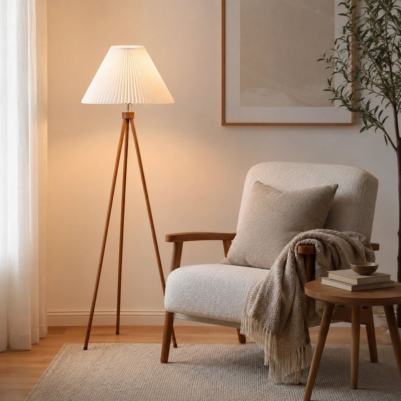 Lámpara de Pie Blanca con Efecto Madera para Bombillo E27 de hasta 60W