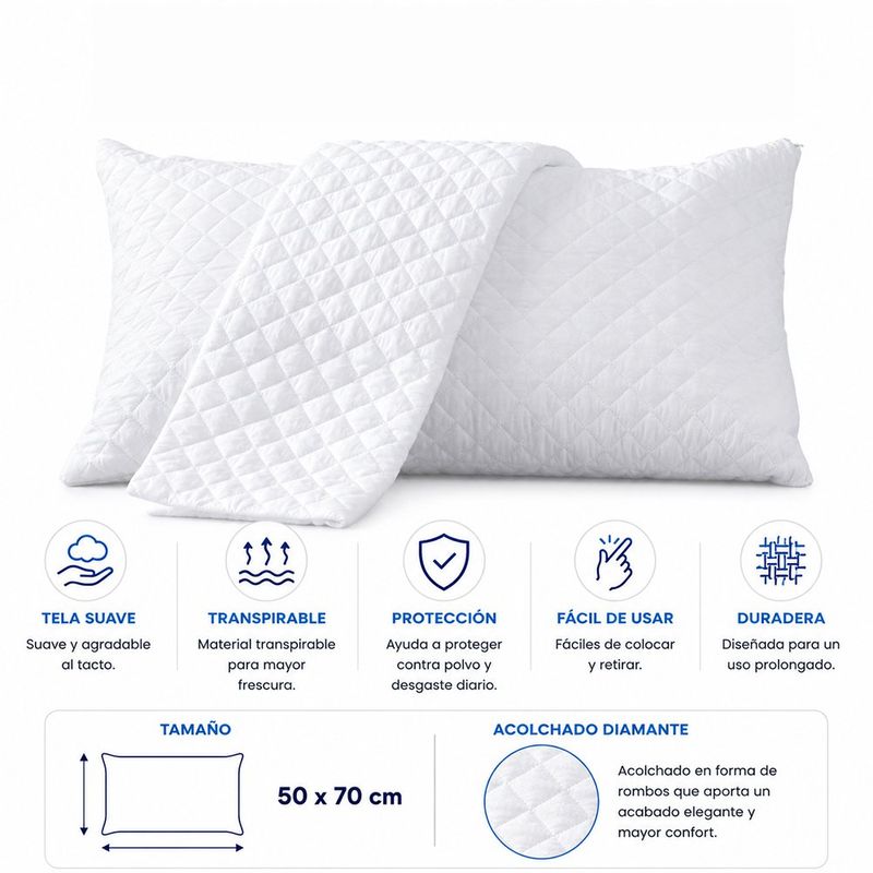 Set de Fundas Protectoras para Almohada Acolchadas Estándar Color Blanco, 2 Piezas