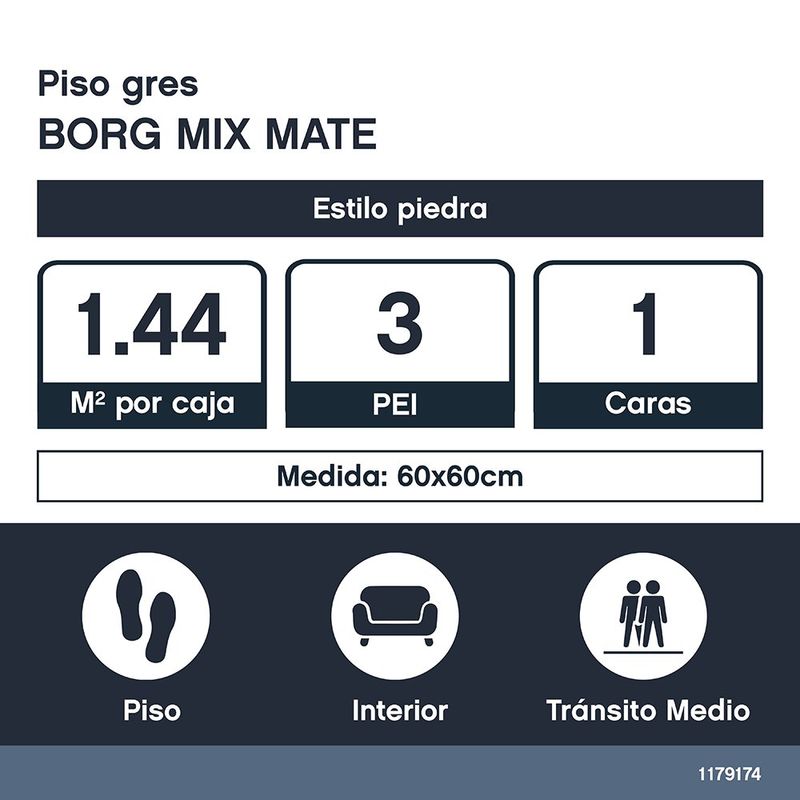 Piso Gres Borgo Mix Mate Rectificado de 60 x 60 cm en Caja de 1.44 m²