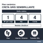 Piso Cerámico Creta Color Gris Rústico Semibrillo No Rectificado de 20x20 cm en Caja de 1 m²