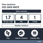 Piso Cerámico 222 Acabado Mate Color Gris de 43 x 43 cm en Caja de 1.7 m²