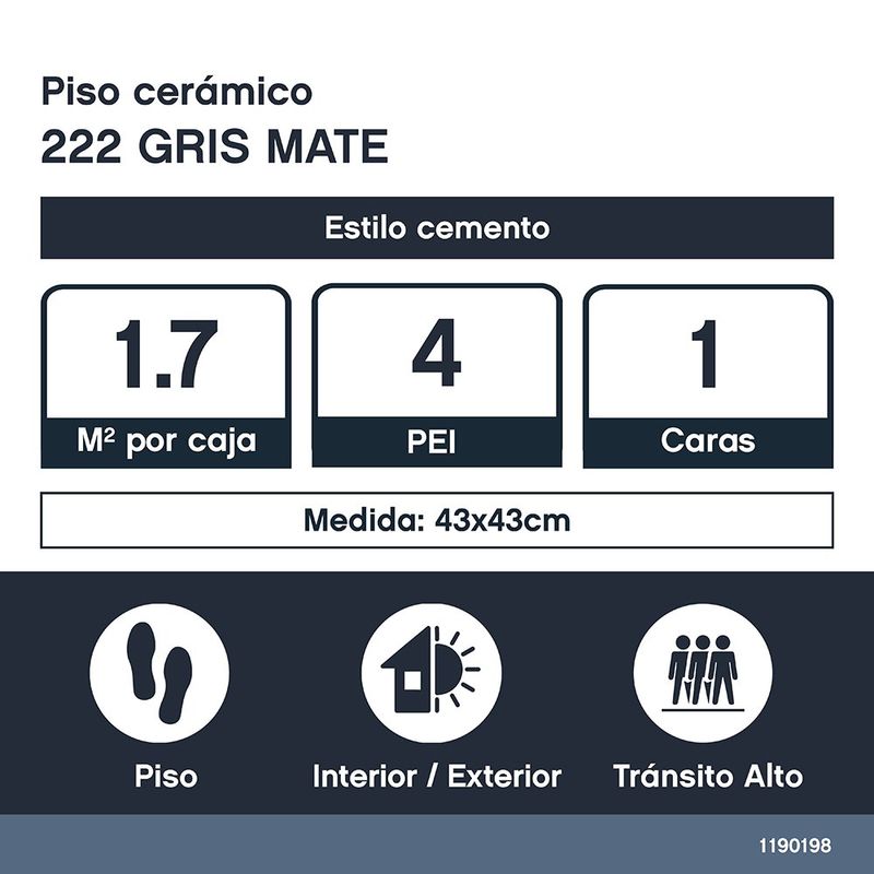 Piso Cerámico 222 Acabado Mate Color Gris de 43 x 43 cm en Caja de 1.7 m²