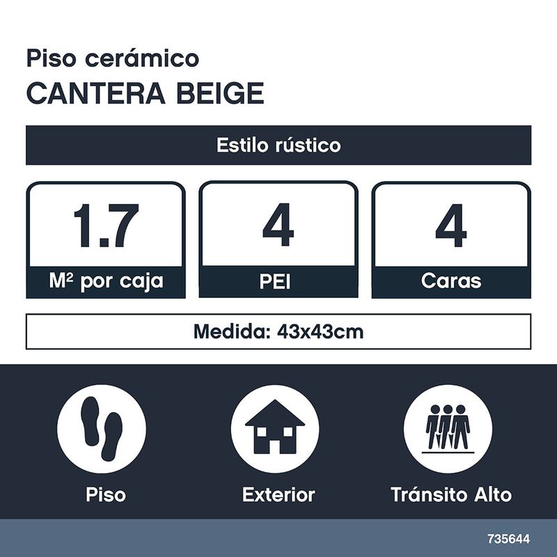 Piso Cerámico Cantera Color Beige Rústico Mate No Rectificado de 43x43 cm en Caja de 1.5 m²