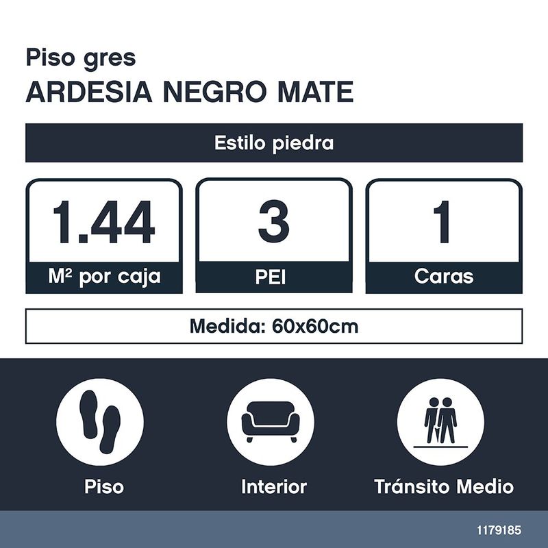 Piso Gres Ardesia Color Negro Mate Rectificado de 60 x 60 cm en Caja de 1.44 m²