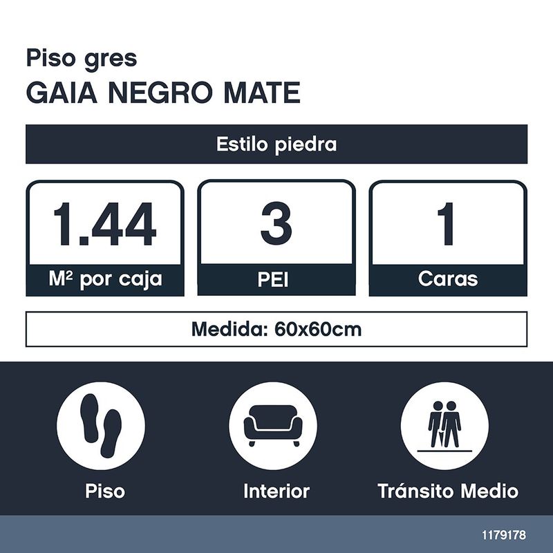 Piso Gres Gaia Color Negro Mate Rectificado de 60 x 60 cm en Caja de 1.44 m²