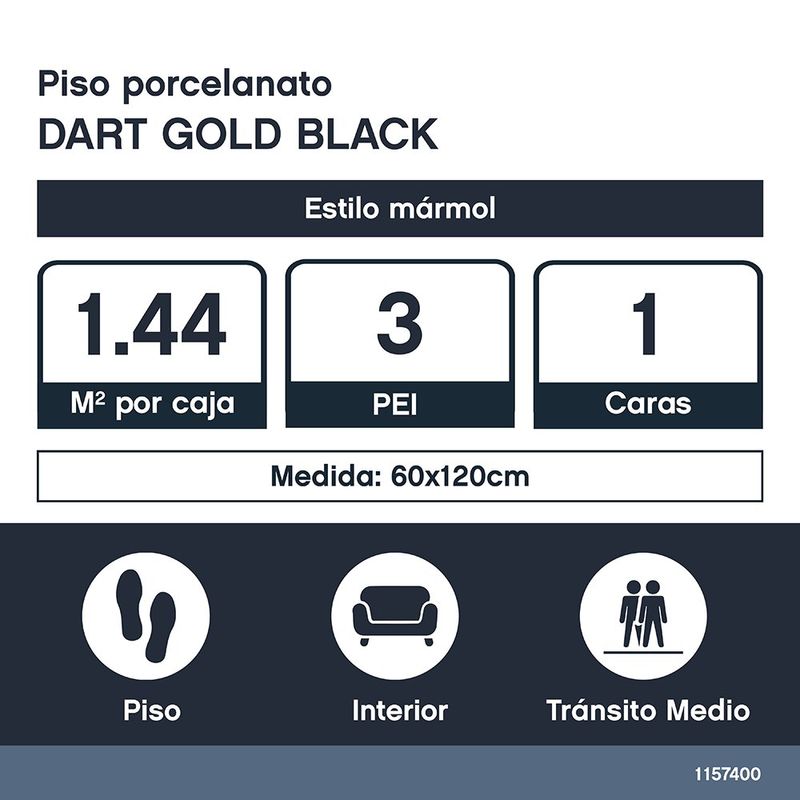 Porcelanato tipo Mármol Dart Gold Black 60 x 120 cm