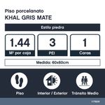 Piso Porcelanato Khala Color Gris Mate Rectificado de 60 x 60 cm en Caja de 1.44 m²