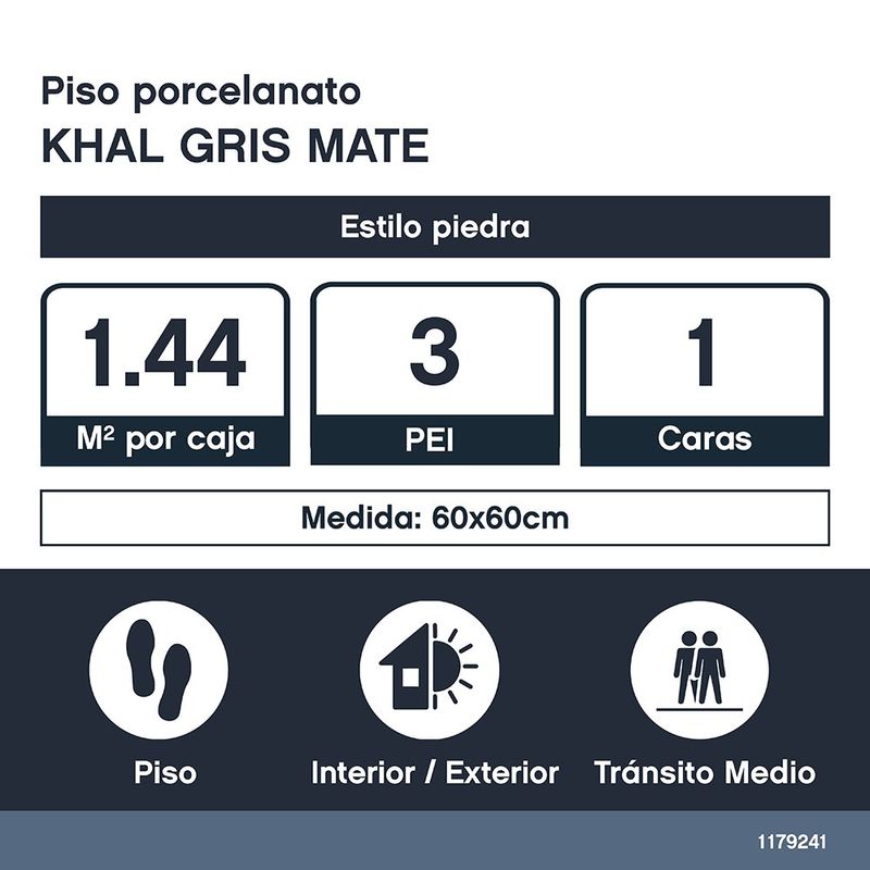 Piso Porcelanato Khala Color Gris Mate Rectificado de 60 x 60 cm en Caja de 1.44 m²