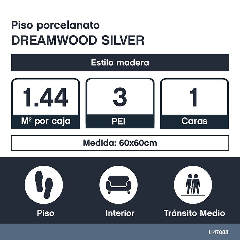 Porcelanato Dreamwood Silver 60 x 60 cm en Caja de 1.44 m²