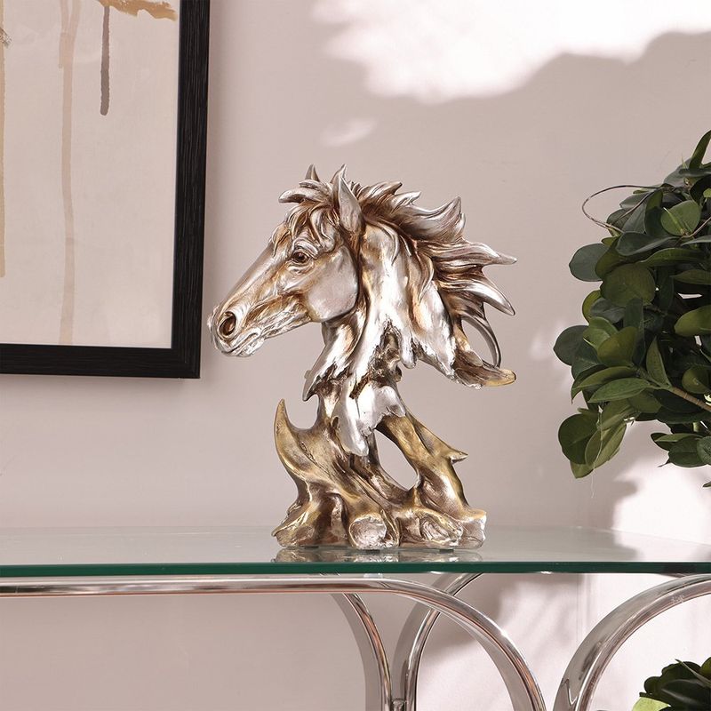 Figura Decorativa Cabeza de Caballo 27 cm Color Plateado y Dorado