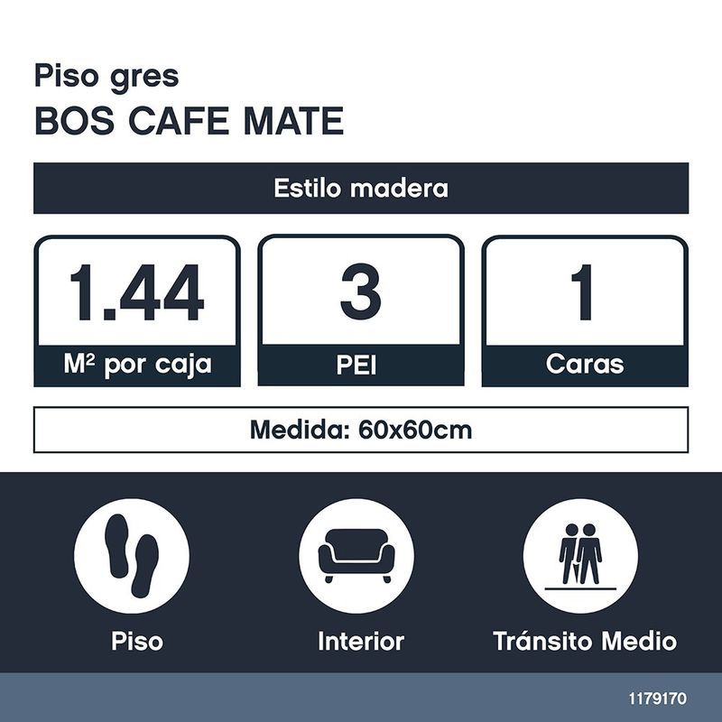 Piso Gres Bosco Acabado Mate Rectificado de 60 x 60 cm en Caja de 1.44 m² Color Café